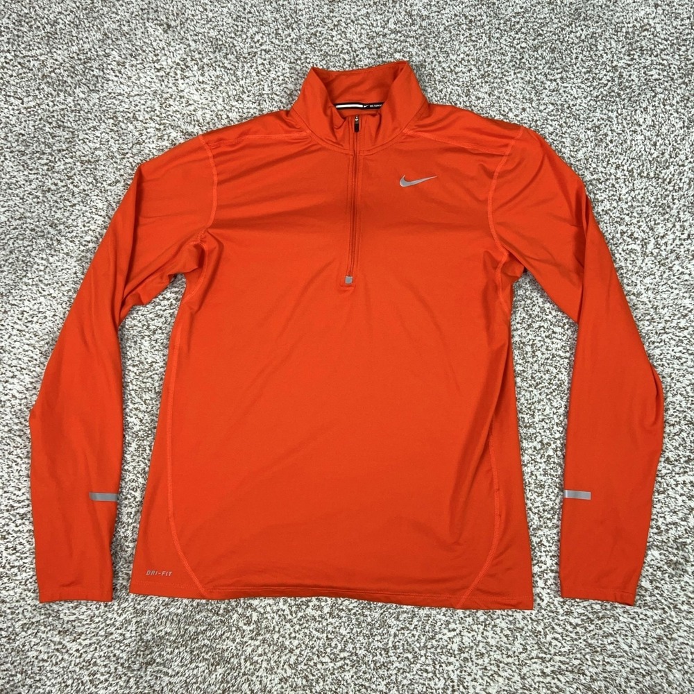 Nike Womens Pullover Medium Orange Dri-FIT 1/4 Zip Running Athletic Gym Top Logo